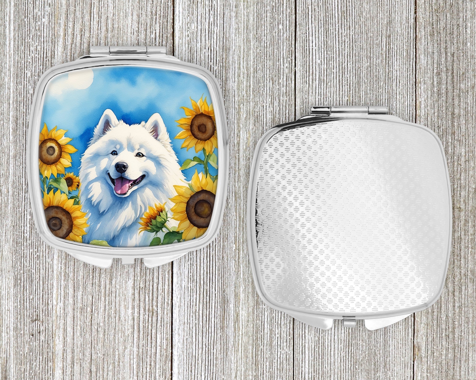 Samoyed in Sunflowers Compact Mirror Decorative Travel Makeup Mirror for Women Girls Gifts Pocket Makeup Mirror Folding Handheld
