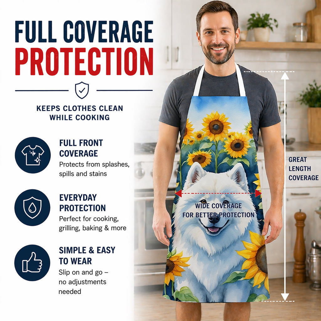Samoyed in Sunflowers Apron Cooking Kitchen Server Baking Crafts Gardening for Adult Women Men, Unisex, Large, Multicolor