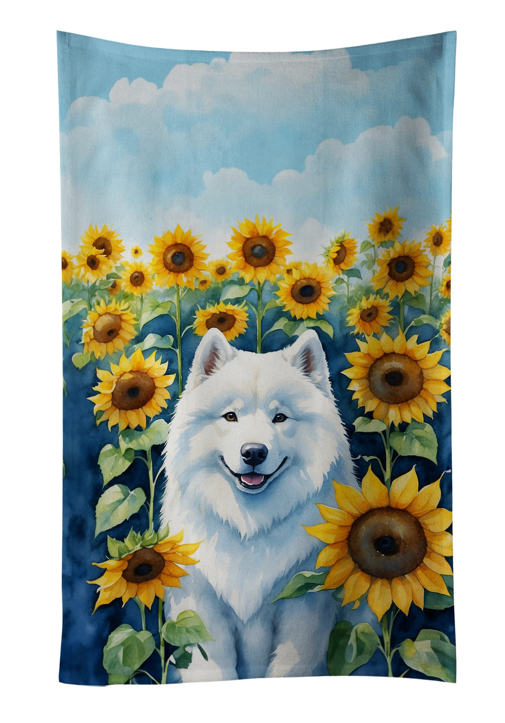 Samoyed in Sunflowers Kitchen Towel Velour Plush Front and Cotton Loop Back Machine Washable