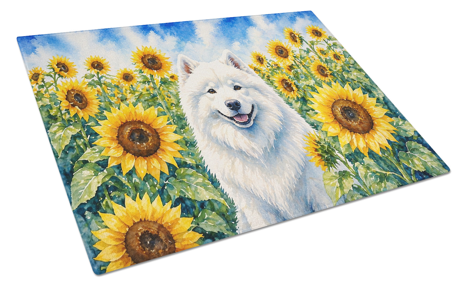 Samoyed in Sunflowers Cutting Board Tempered Glass Kitchen Cutting Surface, Heat Resistant Chopping Board with Non-Slip Feet, Decorative Food Prep & Serving
