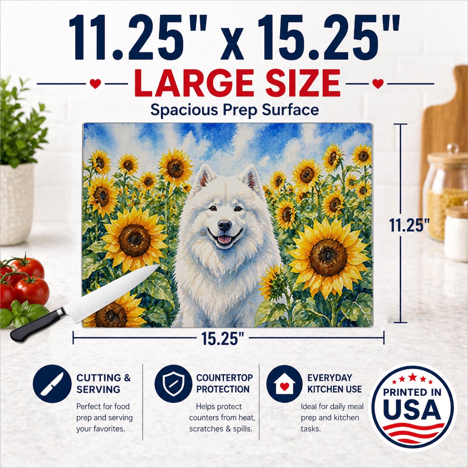 Samoyed in Sunflowers Cutting Board Tempered Glass Kitchen Cutting Surface, Heat Resistant Chopping Board with Non-Slip Feet, Decorative Food Prep & Serving