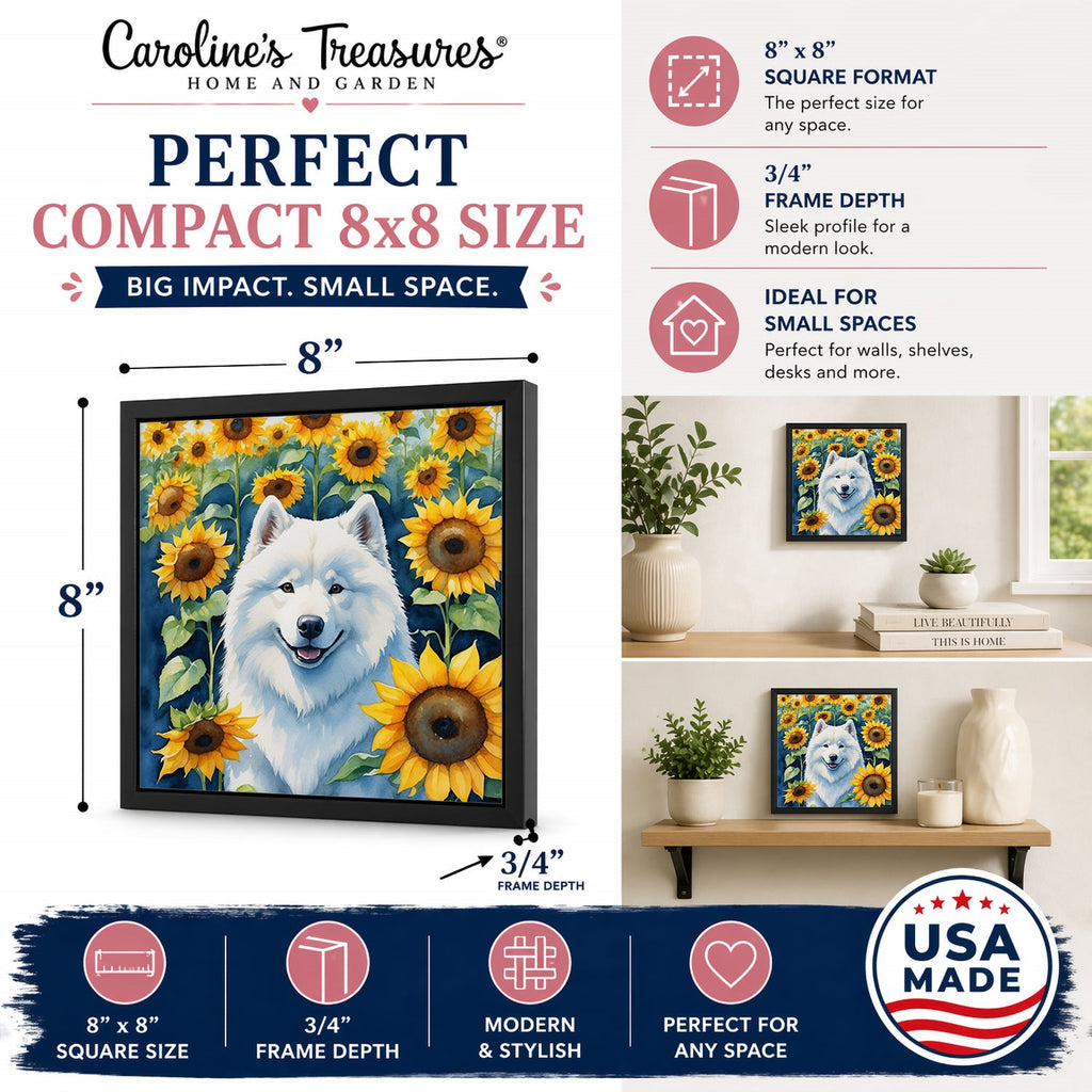 Samoyed in Sunflowers Framed Metal Print Bathroom, Kitchen, Office, Home Decor Wall Art Ready to Hang, Square, 8X8