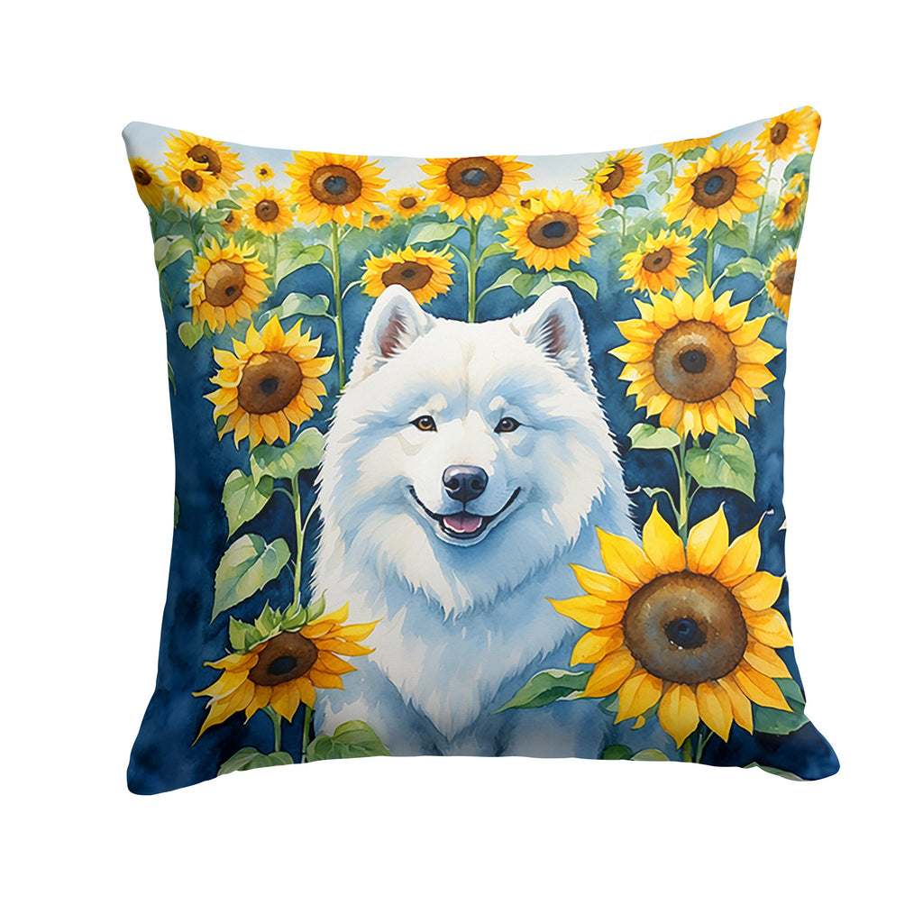 Samoyed in Sunflowers Decorative Throw Pillow 14x14 Indoor Outdoor Accent Cushion, Fabric Cover with Insert for Sofa, Bed, Porch & Living Room