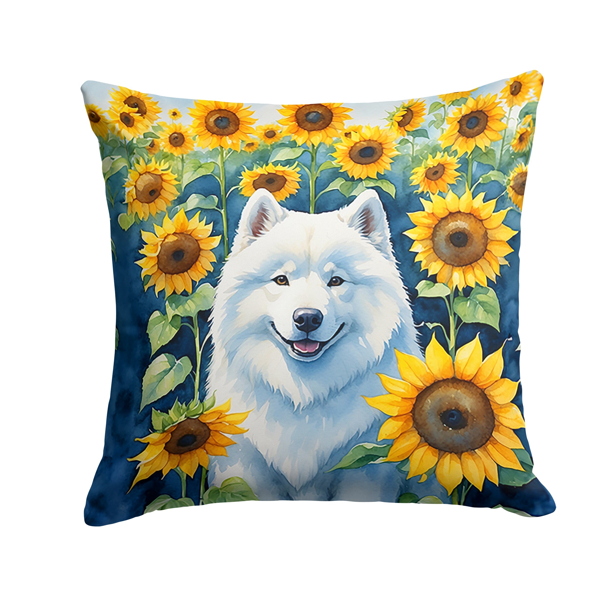 Samoyed in Sunflowers Decorative Throw Pillow 14x14 Indoor Outdoor Accent Cushion, Fabric Cover with Insert for Sofa, Bed, Porch & Living Room