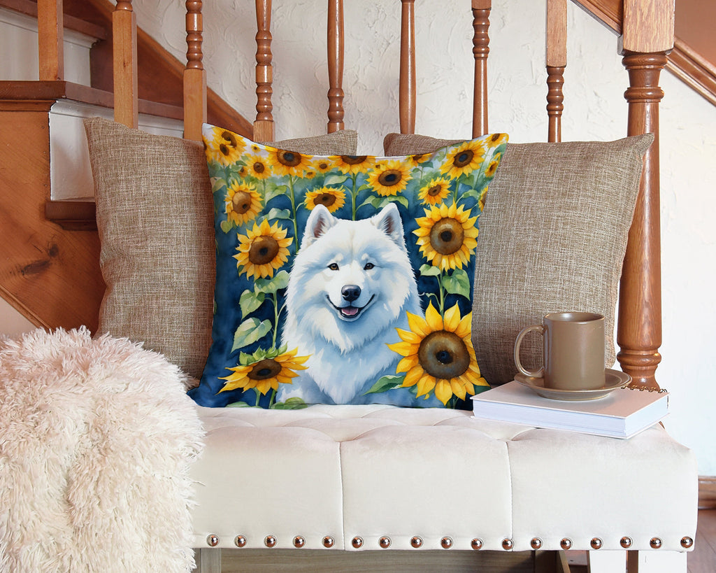 Samoyed in Sunflowers Decorative Throw Pillow 14x14 Indoor Outdoor Accent Cushion, Fabric Cover with Insert for Sofa, Bed, Porch & Living Room