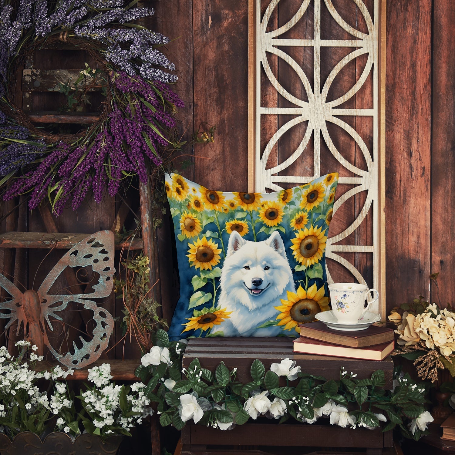 Samoyed in Sunflowers Decorative Throw Pillow 14x14 Indoor Outdoor Accent Cushion, Fabric Cover with Insert for Sofa, Bed, Porch & Living Room
