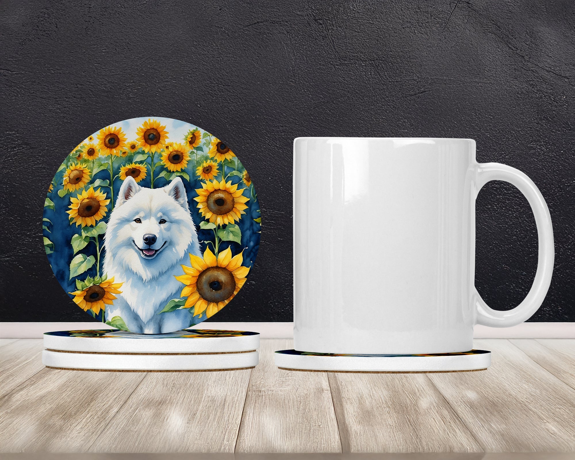 Samoyed in Sunflowers Large Sandstone Coasters Pack of 4 Absorbent Round Coasters Decor Gifts for Men or Women, 4 in, Multicolor