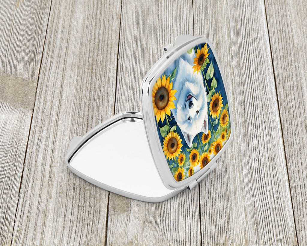 Samoyed in Sunflowers Compact Mirror Decorative Travel Makeup Mirror for Women Girls Gifts Pocket Makeup Mirror Folding Handheld