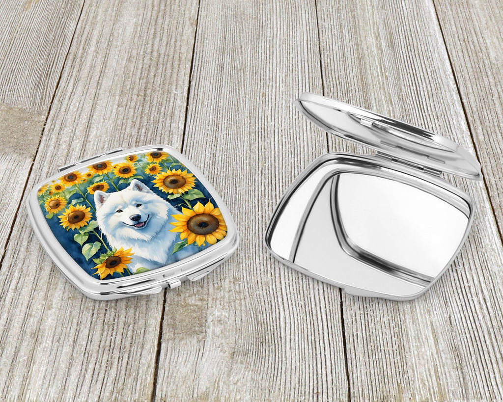Samoyed in Sunflowers Compact Mirror Decorative Travel Makeup Mirror for Women Girls Gifts Pocket Makeup Mirror Folding Handheld