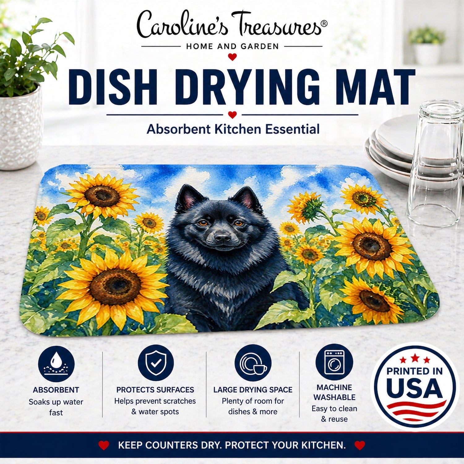 Schipperke in Sunflowers Dish Drying Mat Absorbent Dish Drying Mat Pad for Kitchen Counter Dish Drainer Mat for Countertop, 14 x 21", Multicolor