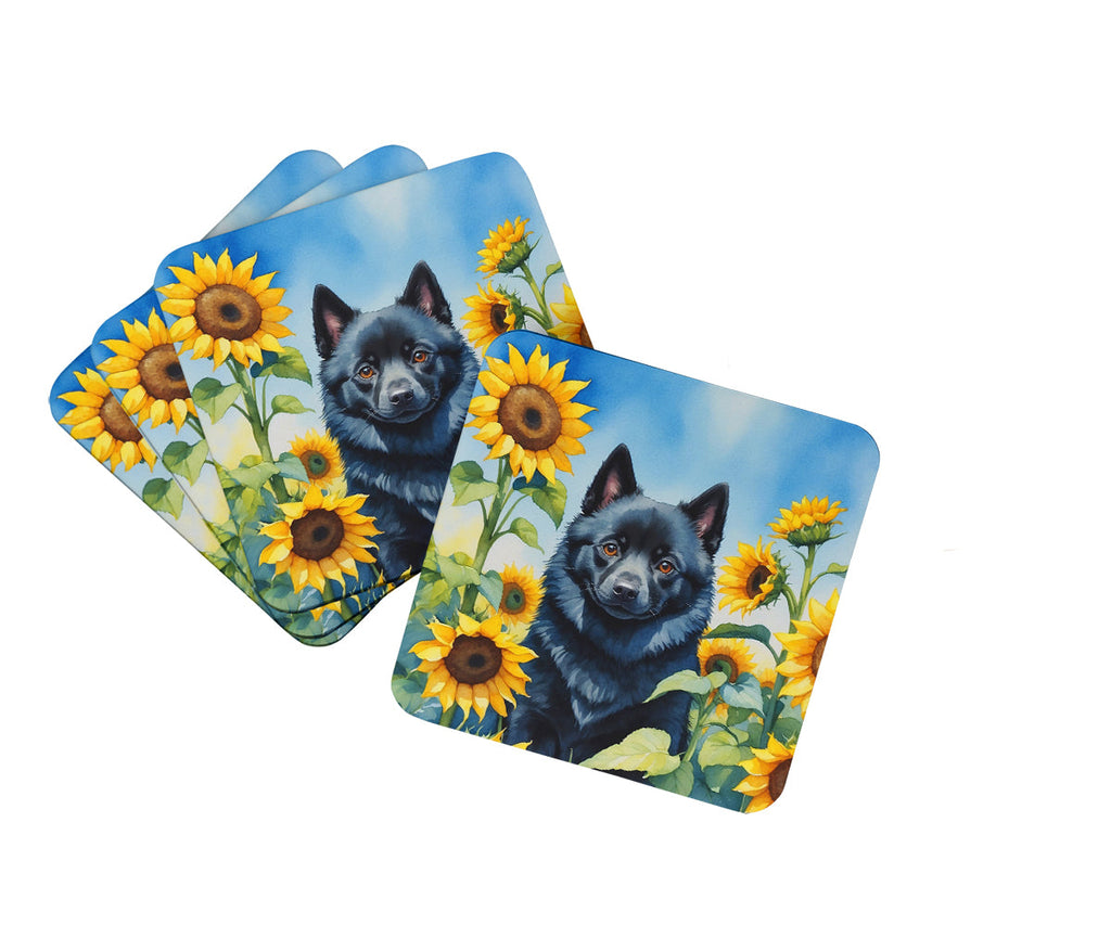 Schipperke in Sunflowers Foam Coasters Set of 4 Cup Coasters for Indoor Outdoor, Tabletop Protection, Anti Slip, Mouse pad Material