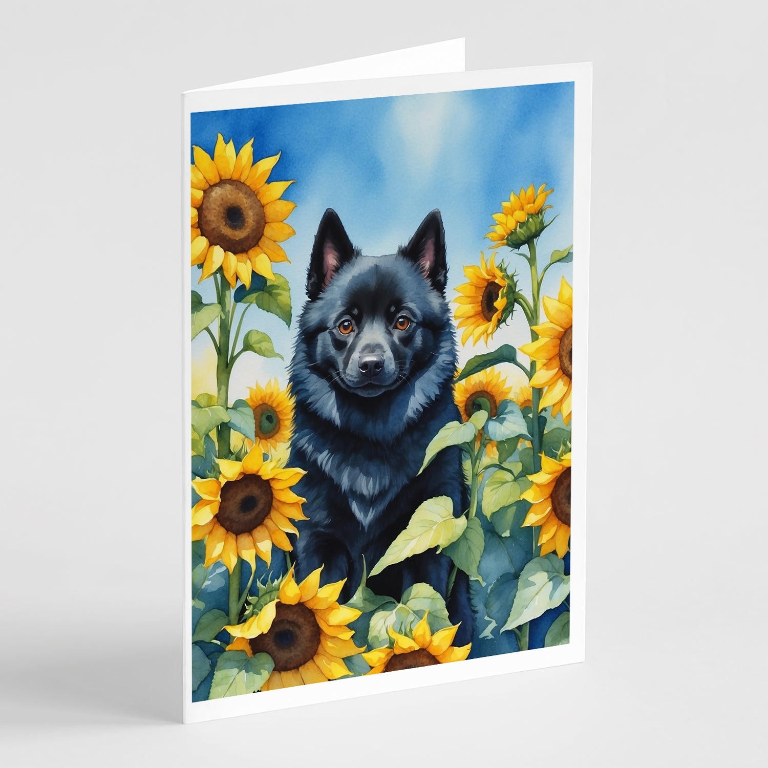 Schipperke in Sunflowers Greeting Cards Pack of 8 Blank Cards with Envelopes Whimsical A7 Size 5x7