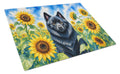Schipperke in Sunflowers Cutting Board Tempered Glass Kitchen Cutting Surface, Heat Resistant Chopping Board with Non-Slip Feet, Decorative Food Prep & Serving