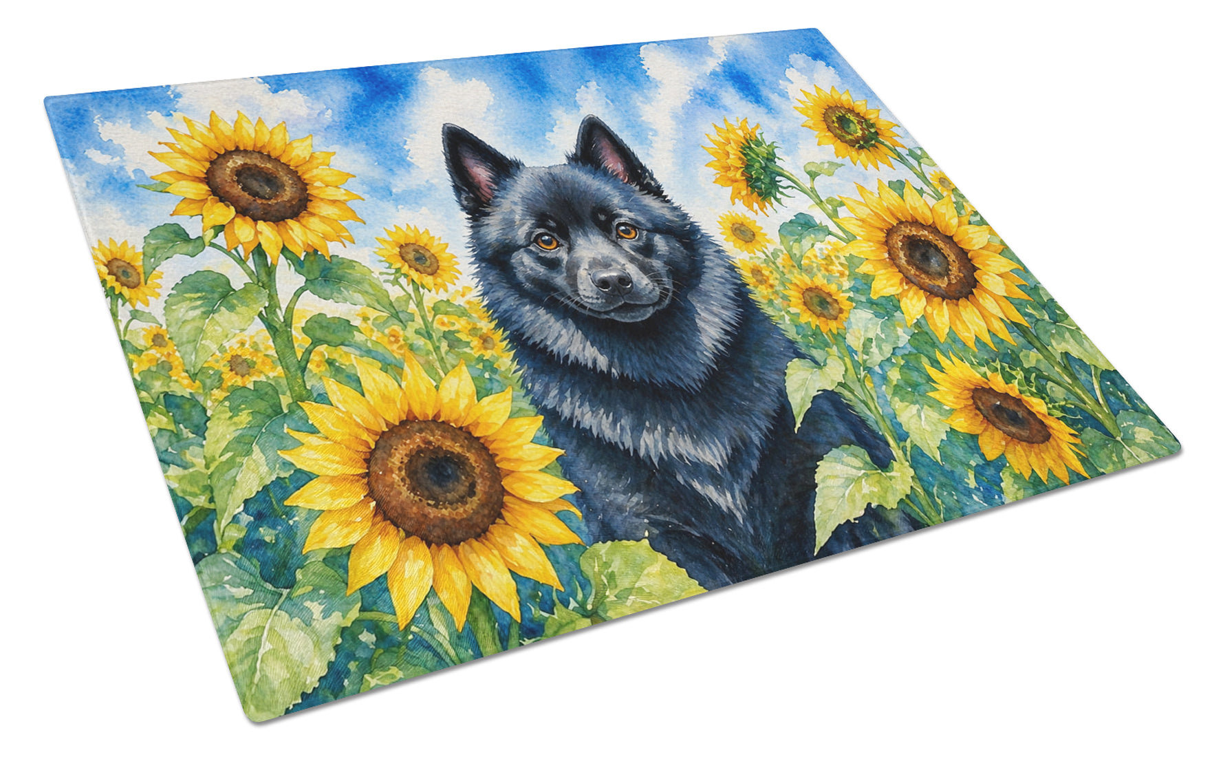 Schipperke in Sunflowers Cutting Board Tempered Glass Kitchen Cutting Surface, Heat Resistant Chopping Board with Non-Slip Feet, Decorative Food Prep & Serving