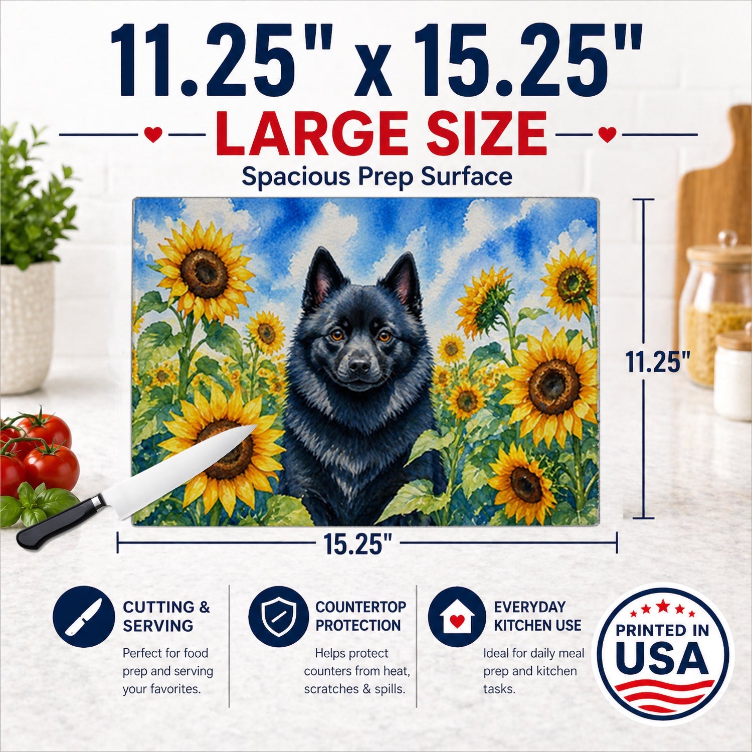 Schipperke in Sunflowers Cutting Board Tempered Glass Kitchen Cutting Surface, Heat Resistant Chopping Board with Non-Slip Feet, Decorative Food Prep & Serving