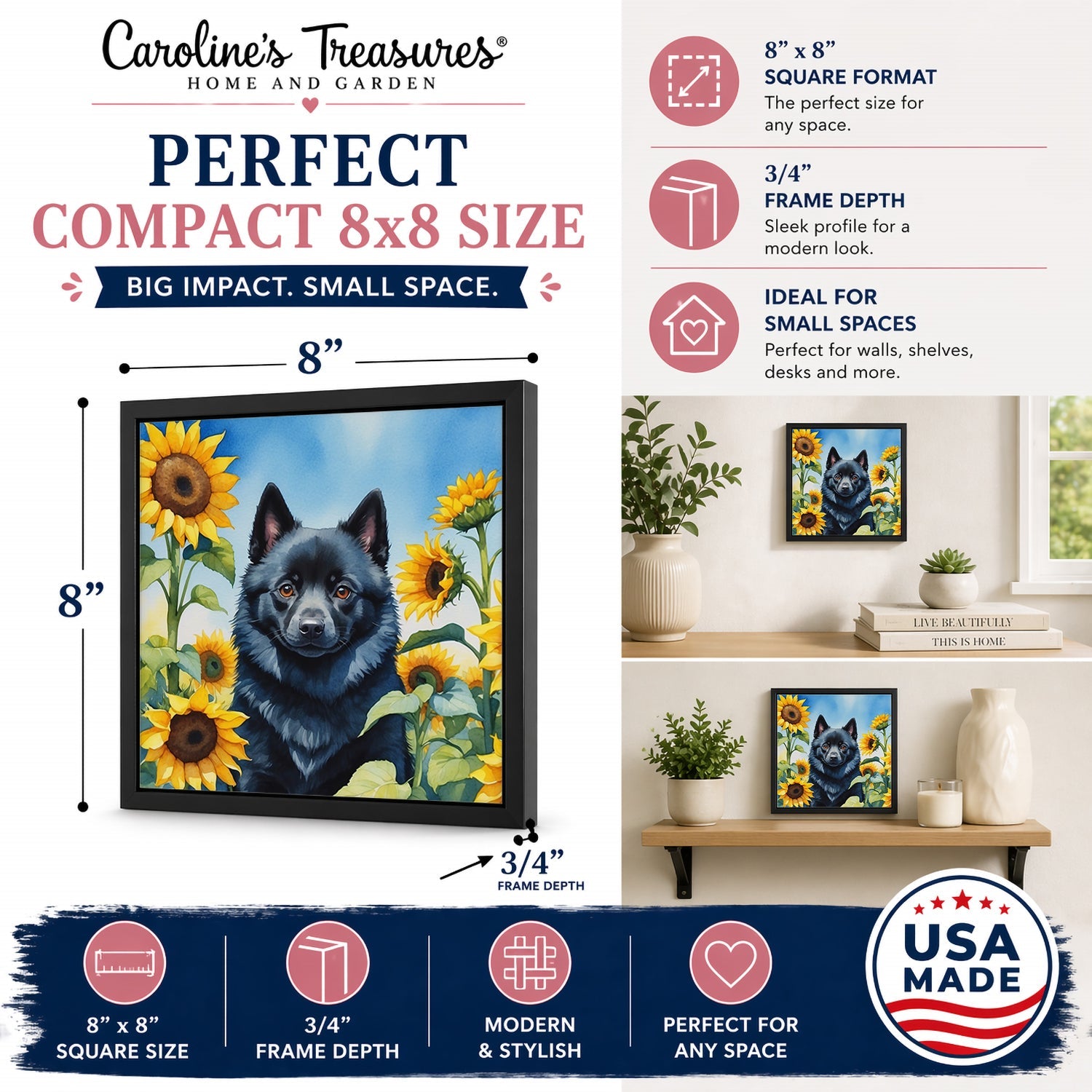 Schipperke in Sunflowers Framed Metal Print Bathroom, Kitchen, Office, Home Decor Wall Art Ready to Hang, Square, 8X8