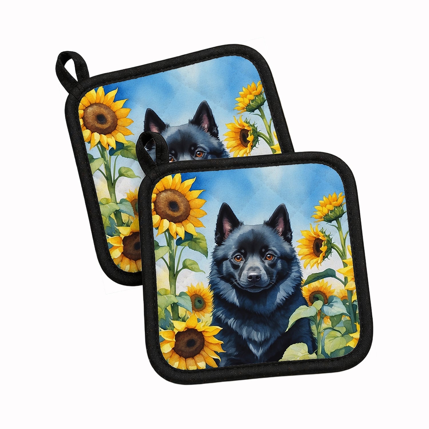 Schipperke in Sunflowers Pot Holder Set of 2 Heat Resistant Quilted Hot Pads 7.5 x 7.5 Inch, Insulated Kitchen Trivets for Cooking & Baking