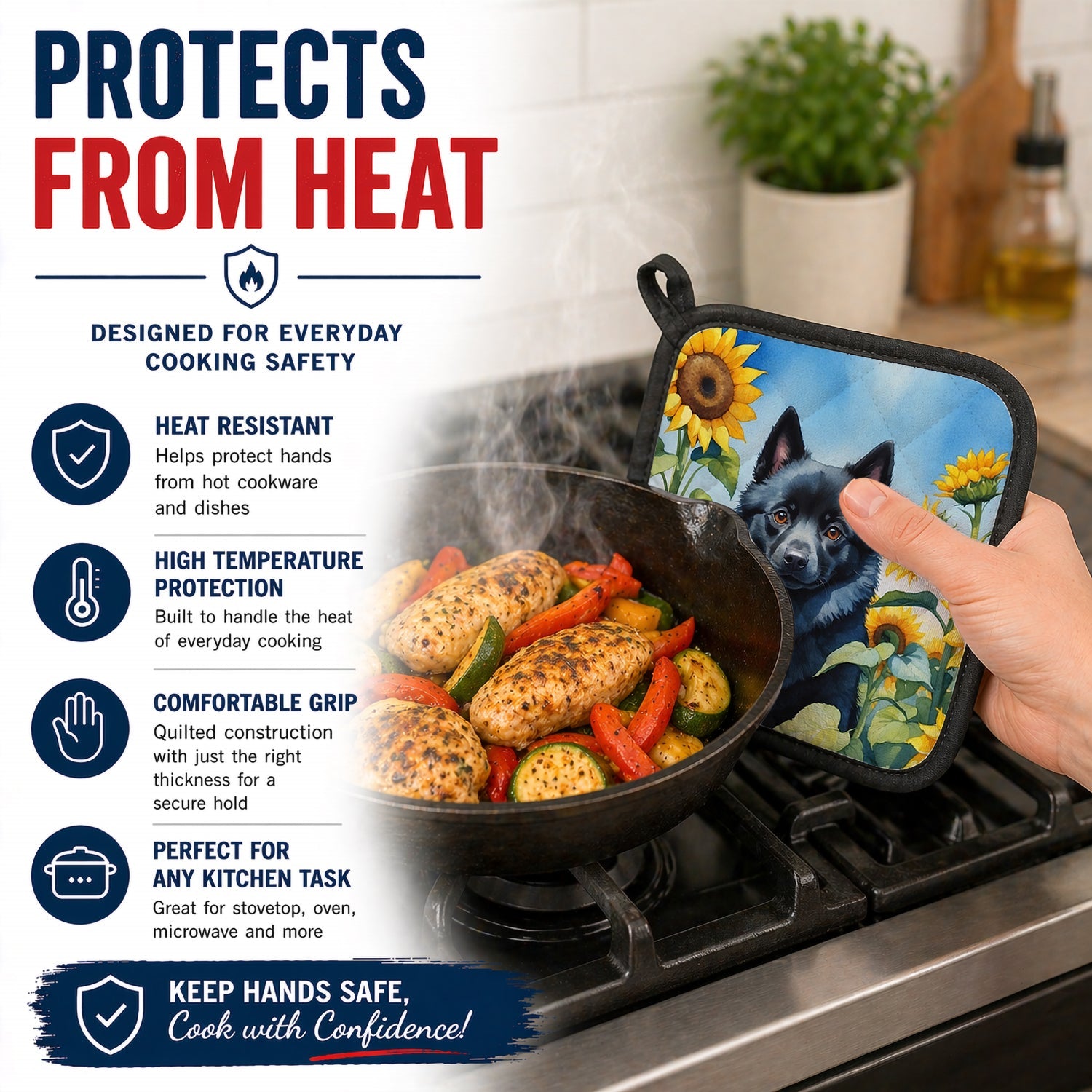 Schipperke in Sunflowers Pot Holder Set of 2 Heat Resistant Quilted Hot Pads 7.5 x 7.5 Inch, Insulated Kitchen Trivets for Cooking & Baking