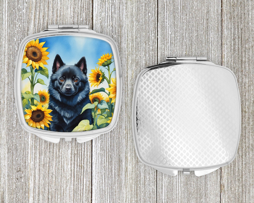 Schipperke in Sunflowers Compact Mirror Decorative Travel Makeup Mirror for Women Girls Gifts Pocket Makeup Mirror Folding Handheld