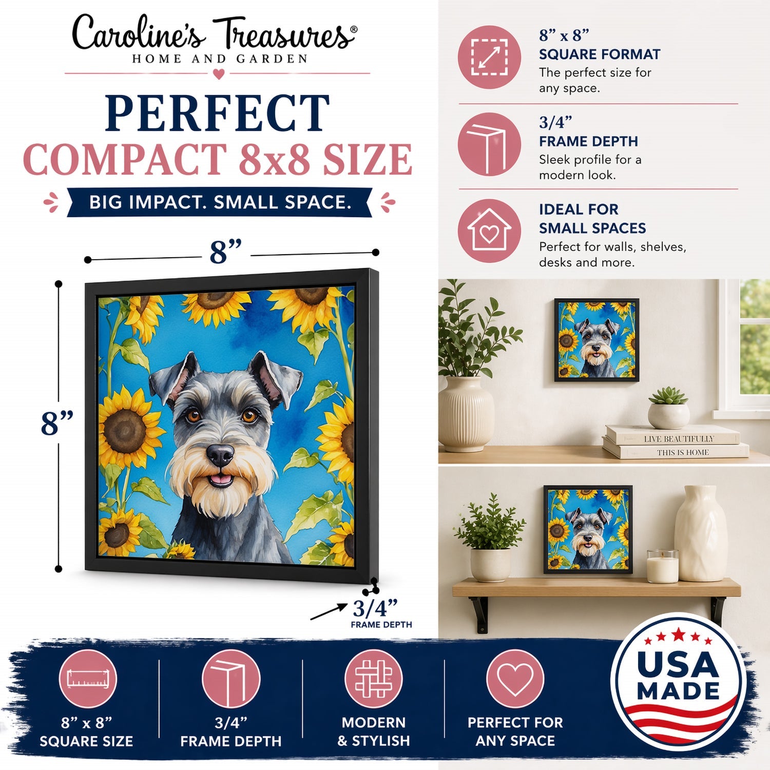 Schnauzer in Sunflowers Framed Metal Print Bathroom, Kitchen, Office, Home Decor Wall Art Ready to Hang, Square, 8X8