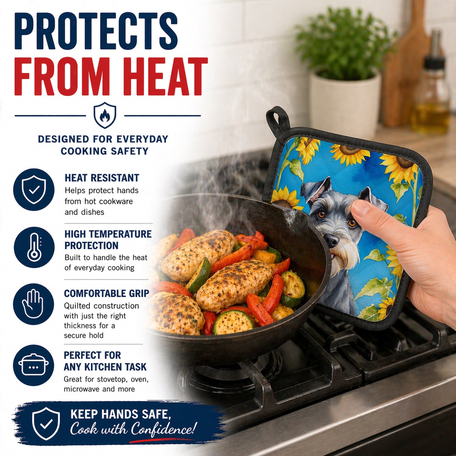 Schnauzer in Sunflowers Pot Holder Set of 2 Heat Resistant Quilted Hot Pads 7.5 x 7.5 Inch, Insulated Kitchen Trivets for Cooking & Baking
