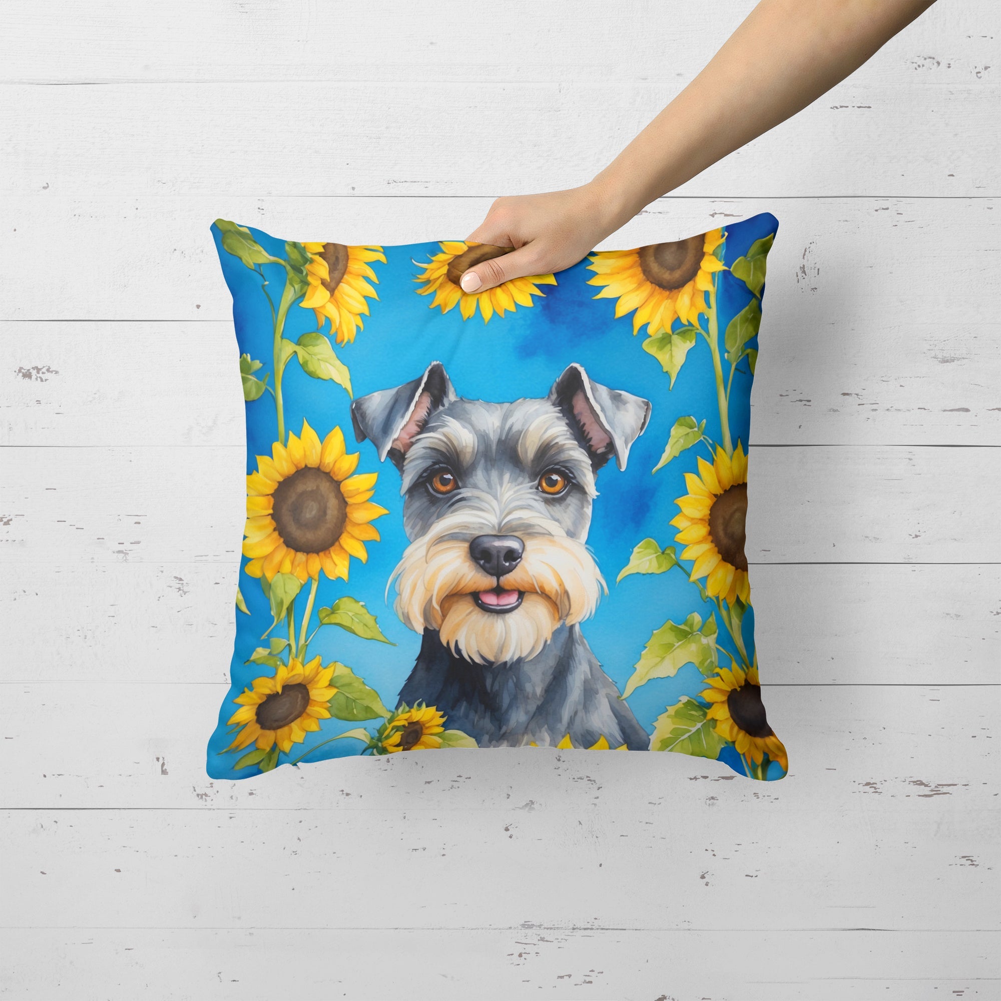 Schnauzer in Sunflowers Decorative Throw Pillow 18x18 Indoor Outdoor Accent Cushion, Fabric Cover with Insert for Sofa, Bed, Porch & Living Room
