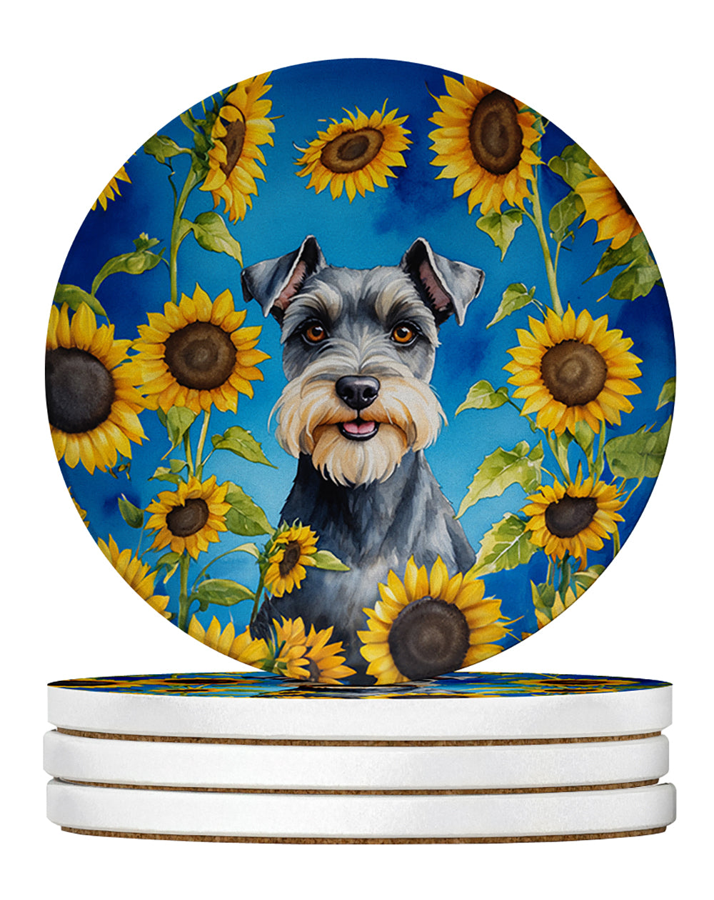 Schnauzer in Sunflowers Large Sandstone Coasters Pack of 4 Absorbent Round Coasters Decor Gifts for Men or Women, 4 in, Multicolor