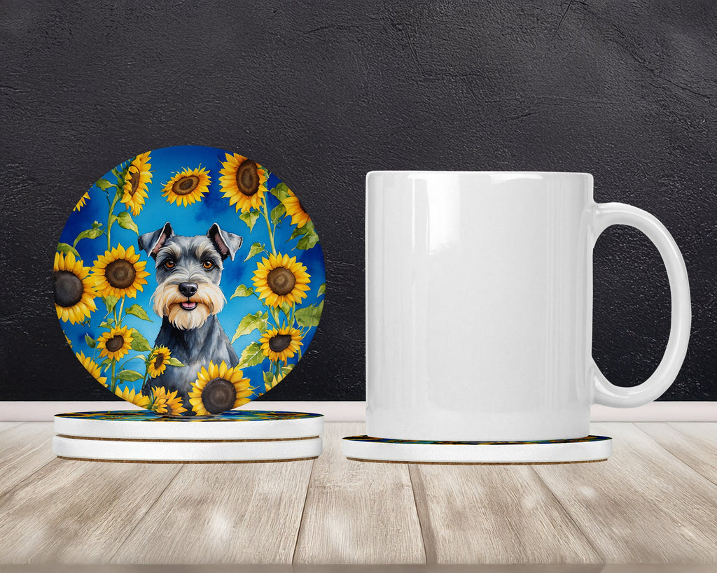 Schnauzer in Sunflowers Large Sandstone Coasters Pack of 4 Absorbent Round Coasters Decor Gifts for Men or Women, 4 in, Multicolor