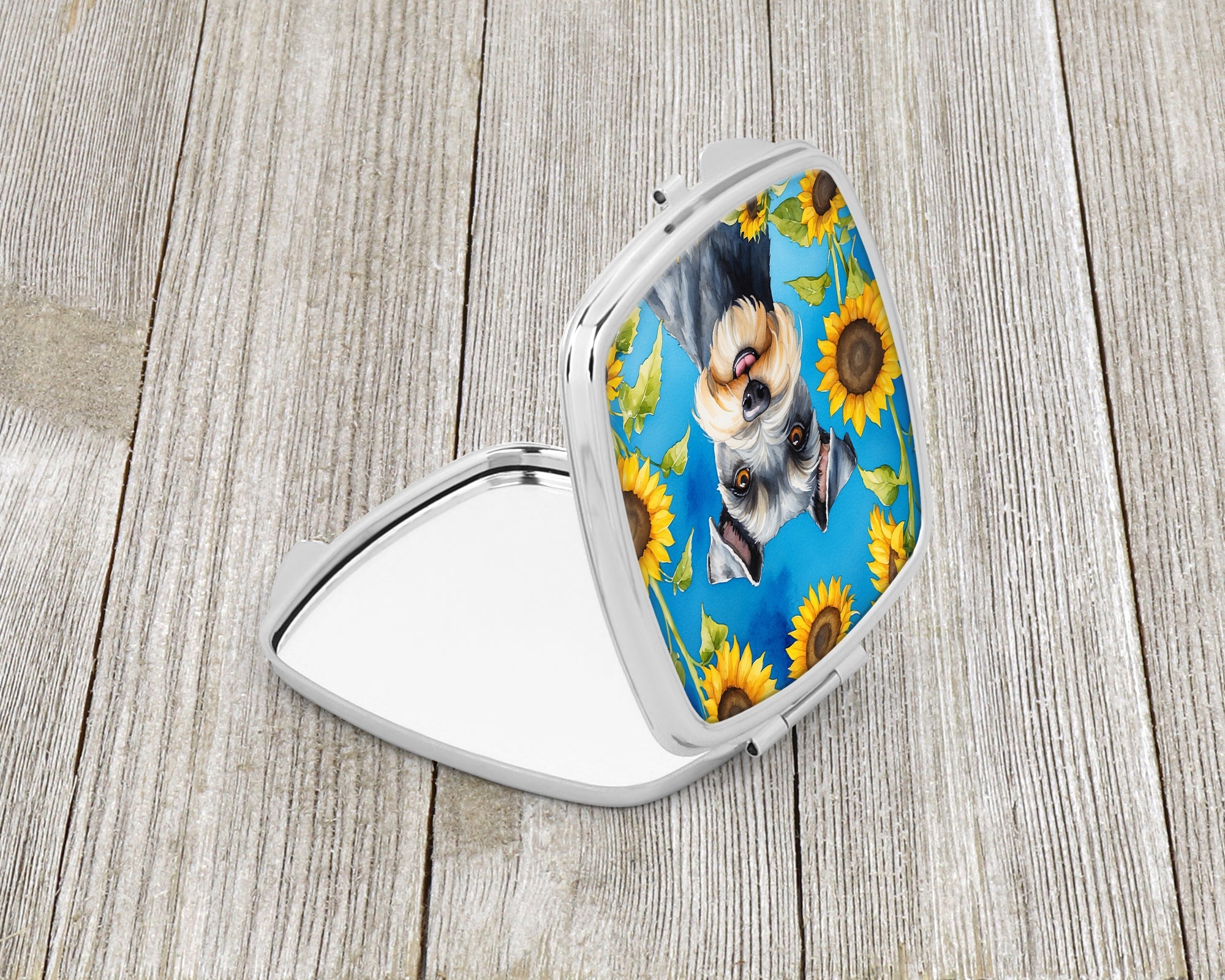 Schnauzer in Sunflowers Compact Mirror Decorative Travel Makeup Mirror for Women Girls Gifts Pocket Makeup Mirror Folding Handheld