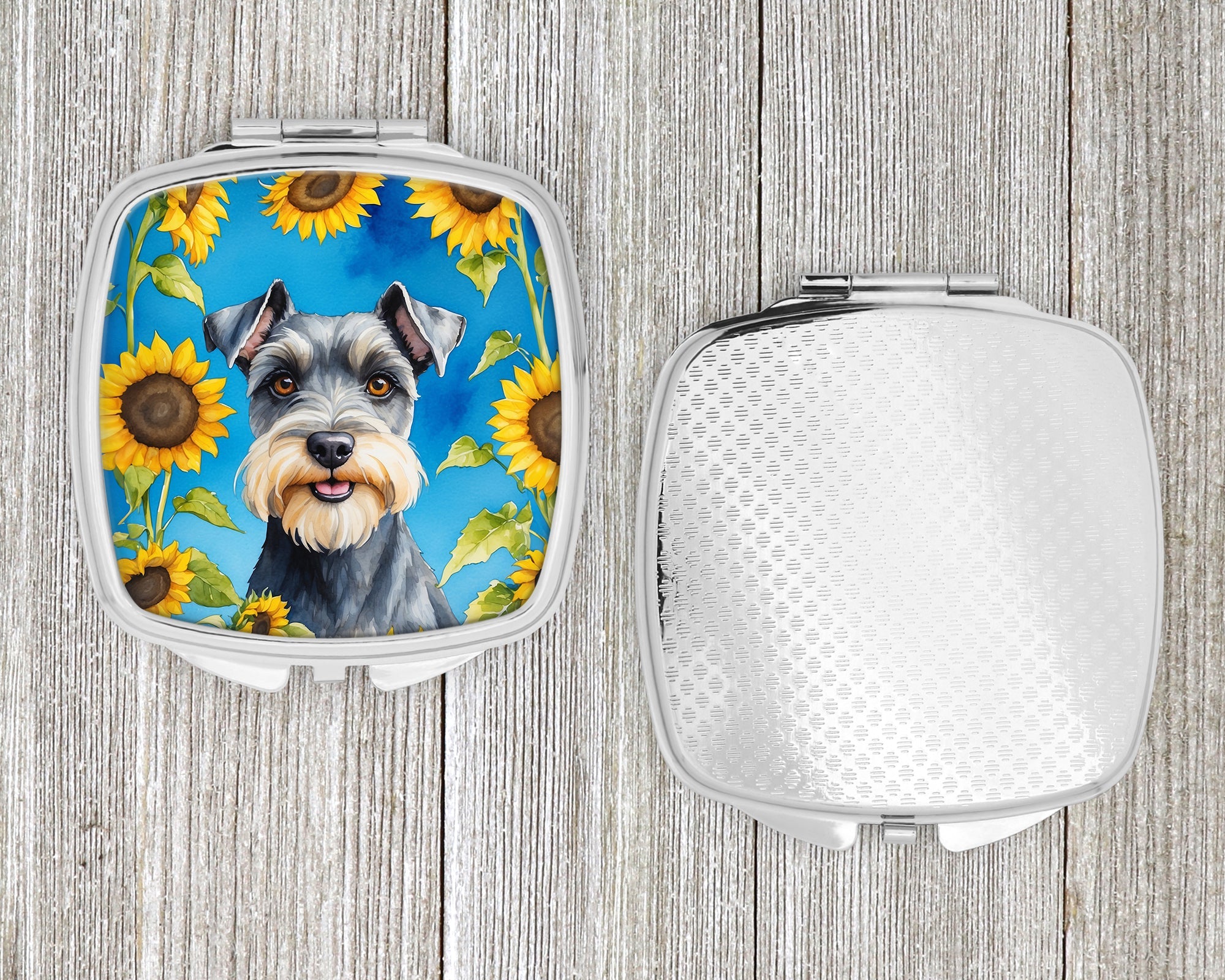 Schnauzer in Sunflowers Compact Mirror Decorative Travel Makeup Mirror for Women Girls Gifts Pocket Makeup Mirror Folding Handheld