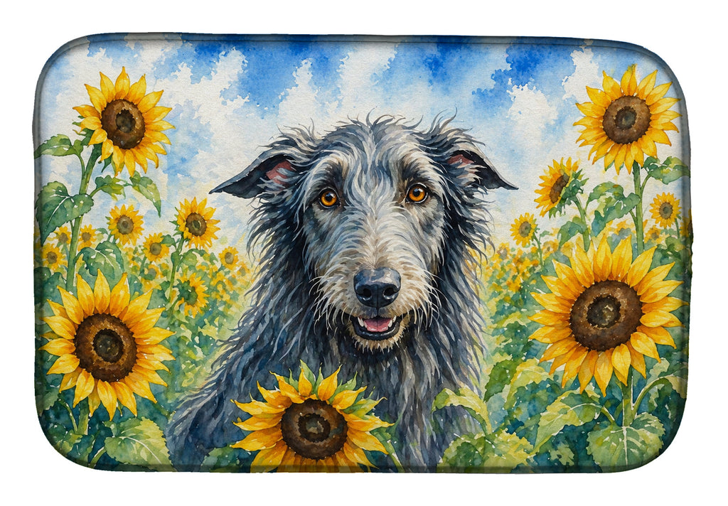 Scottish Deerhound in Sunflowers Dish Drying Mat Absorbent Dish Drying Mat Pad for Kitchen Counter Dish Drainer Mat for Countertop, 14 x 21", Multicolor