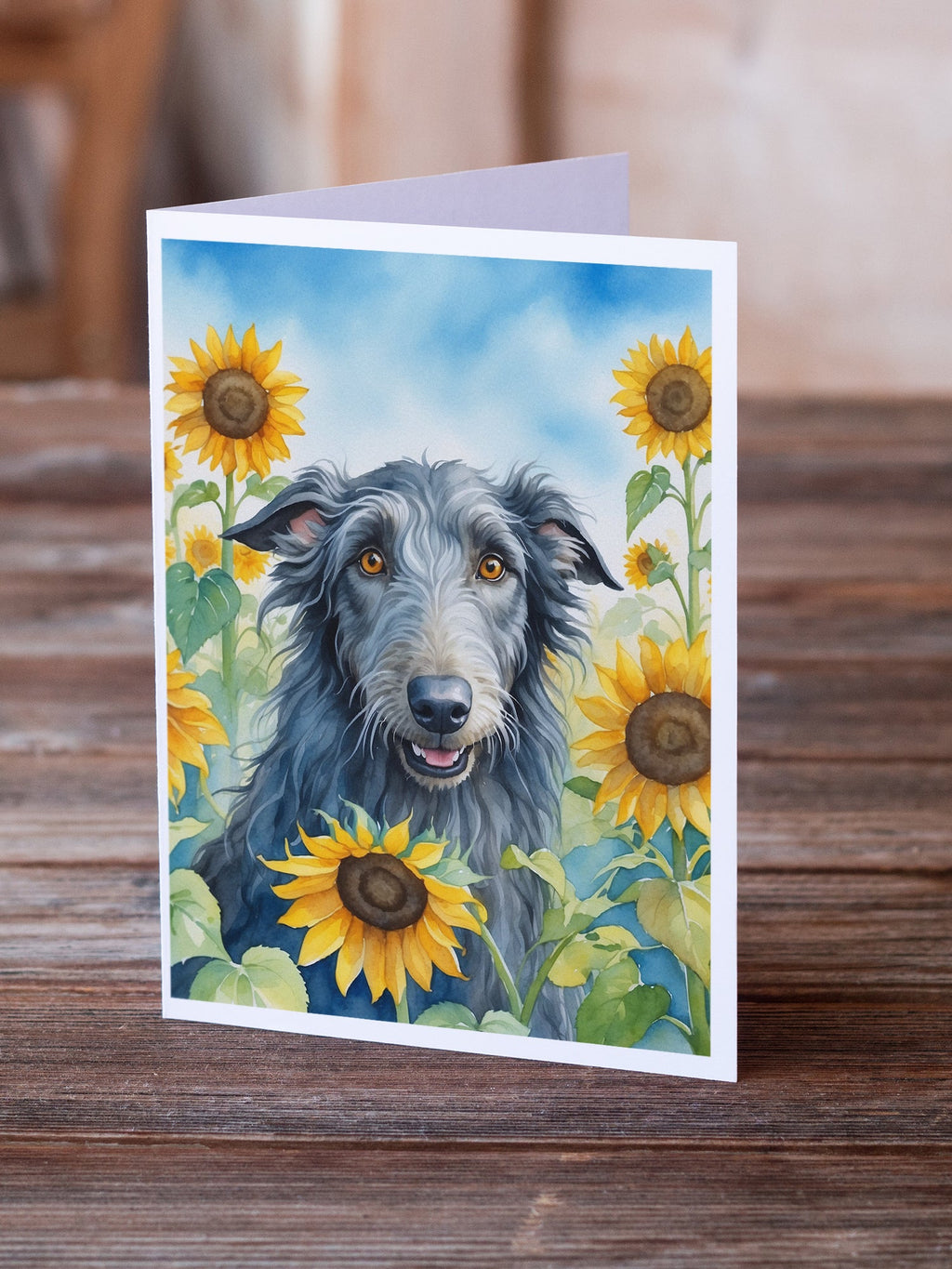 Scottish Deerhound in Sunflowers Greeting Cards Pack of 8 Blank Cards with Envelopes Whimsical A7 Size 5x7