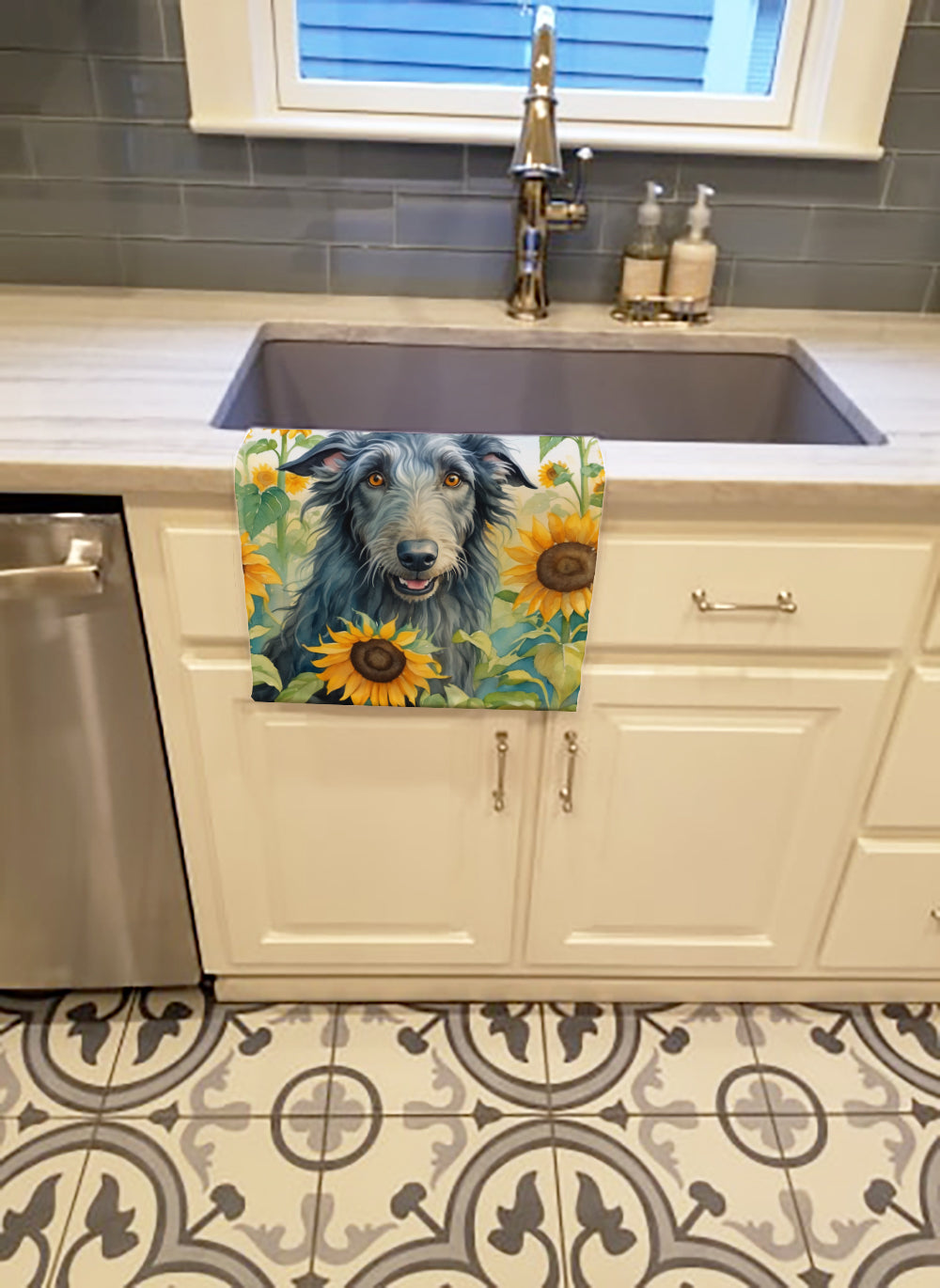 Scottish Deerhound in Sunflowers Kitchen Towel Velour Plush Front and Cotton Loop Back Machine Washable