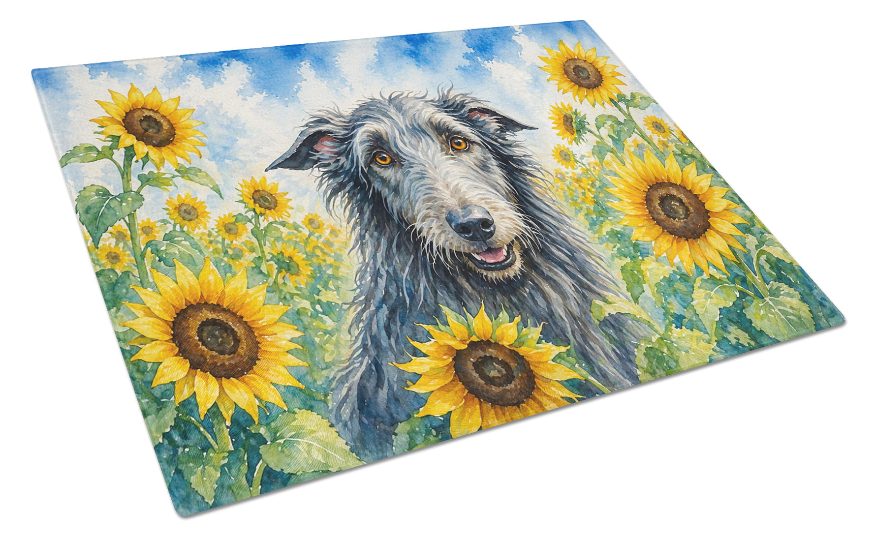 Scottish Deerhound in Sunflowers Cutting Board Tempered Glass Kitchen Cutting Surface, Heat Resistant Chopping Board with Non-Slip Feet, Decorative Food Prep & Serving