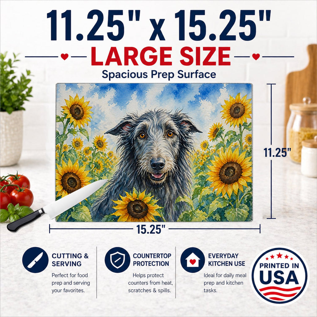 Scottish Deerhound in Sunflowers Cutting Board Tempered Glass Kitchen Cutting Surface, Heat Resistant Chopping Board with Non-Slip Feet, Decorative Food Prep & Serving
