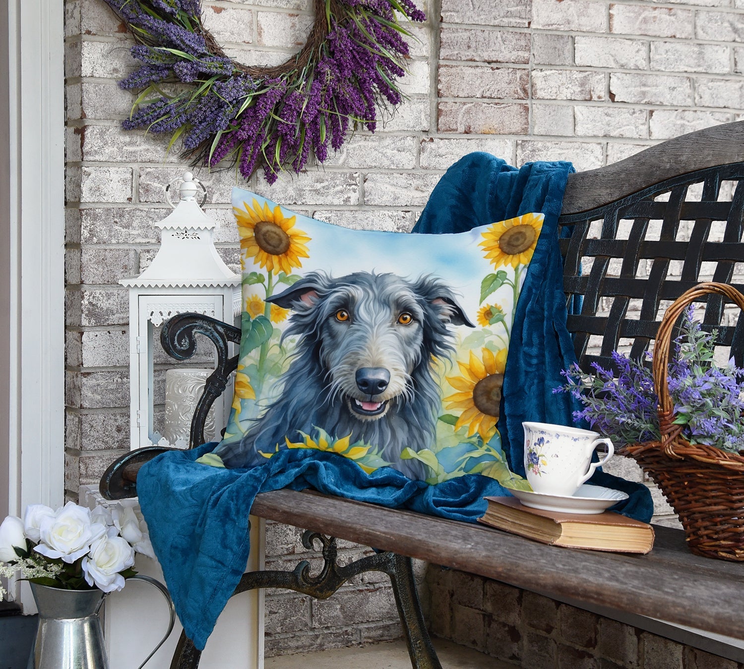 Scottish Deerhound in Sunflowers Decorative Throw Pillow 18x18 Indoor Outdoor Accent Cushion, Fabric Cover with Insert for Sofa, Bed, Porch & Living Room