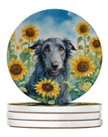 Scottish Deerhound in Sunflowers Large Sandstone Coasters Pack of 4 Absorbent Round Coasters Decor Gifts for Men or Women, 4 in, Multicolor