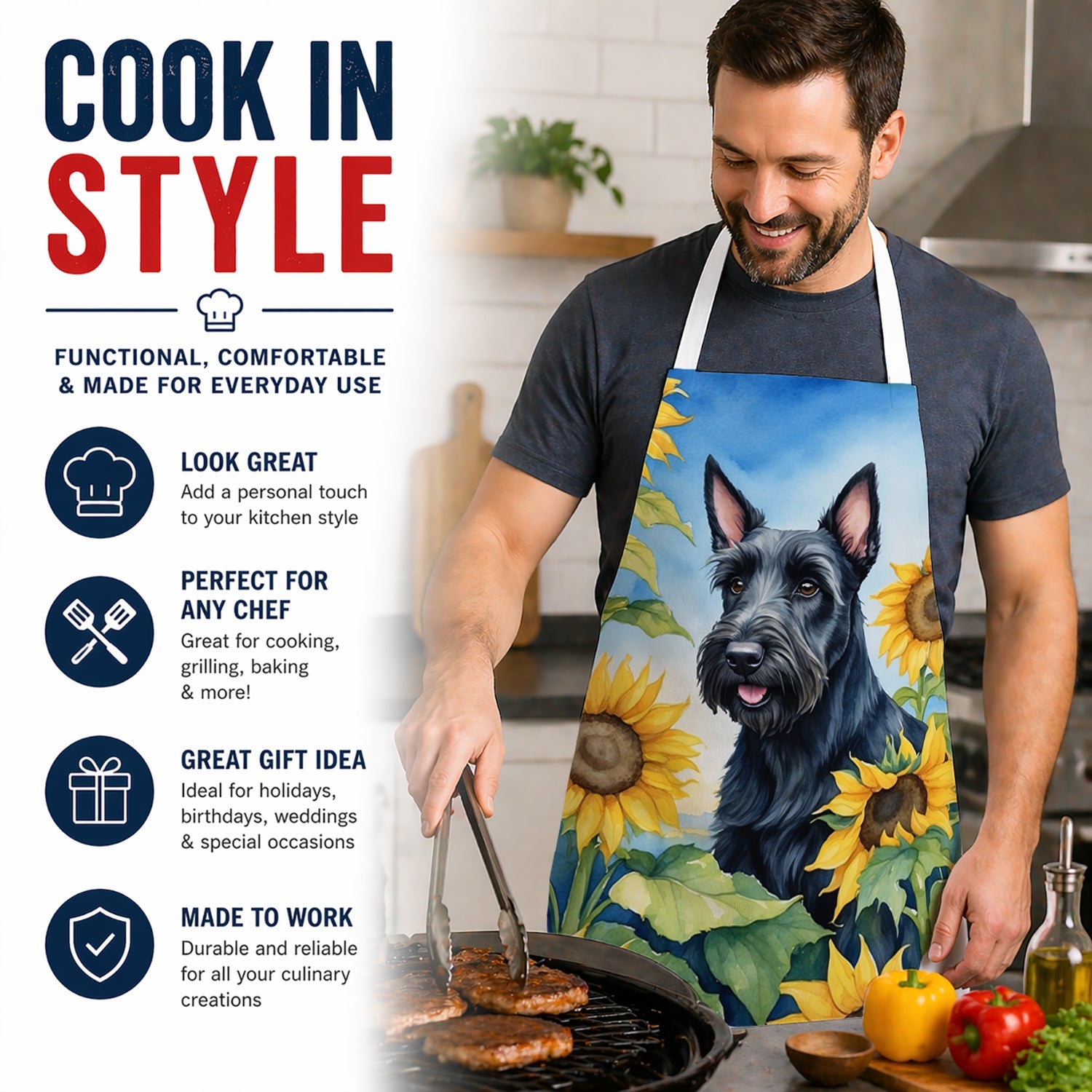 Scottish Terrier in Sunflowers Apron Cooking Kitchen Server Baking Crafts Gardening for Adult Women Men, Unisex, Large, Multicolor