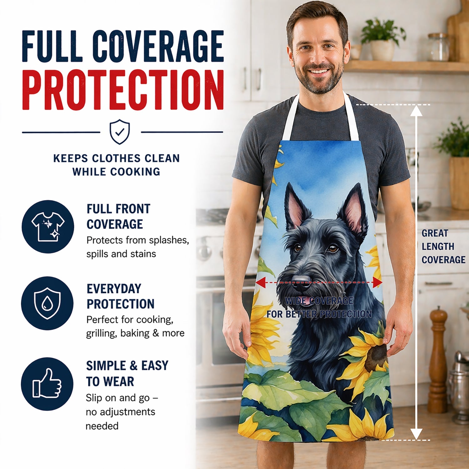 Scottish Terrier in Sunflowers Apron Cooking Kitchen Server Baking Crafts Gardening for Adult Women Men, Unisex, Large, Multicolor