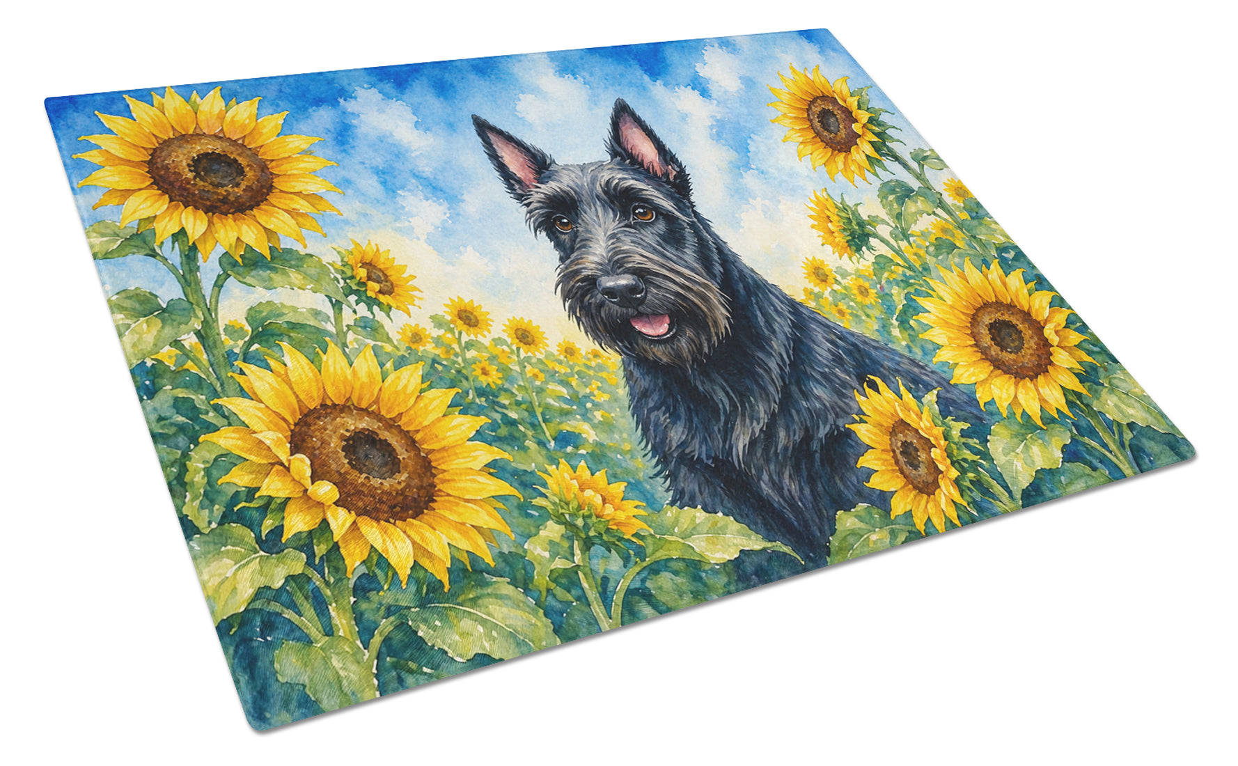 Scottish Terrier in Sunflowers Cutting Board Tempered Glass Kitchen Cutting Surface, Heat Resistant Chopping Board with Non-Slip Feet, Decorative Food Prep & Serving