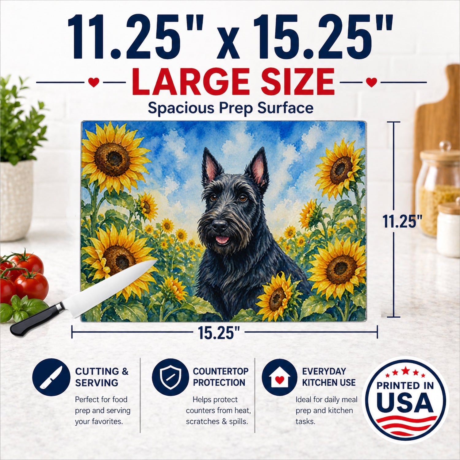Scottish Terrier in Sunflowers Cutting Board Tempered Glass Kitchen Cutting Surface, Heat Resistant Chopping Board with Non-Slip Feet, Decorative Food Prep & Serving