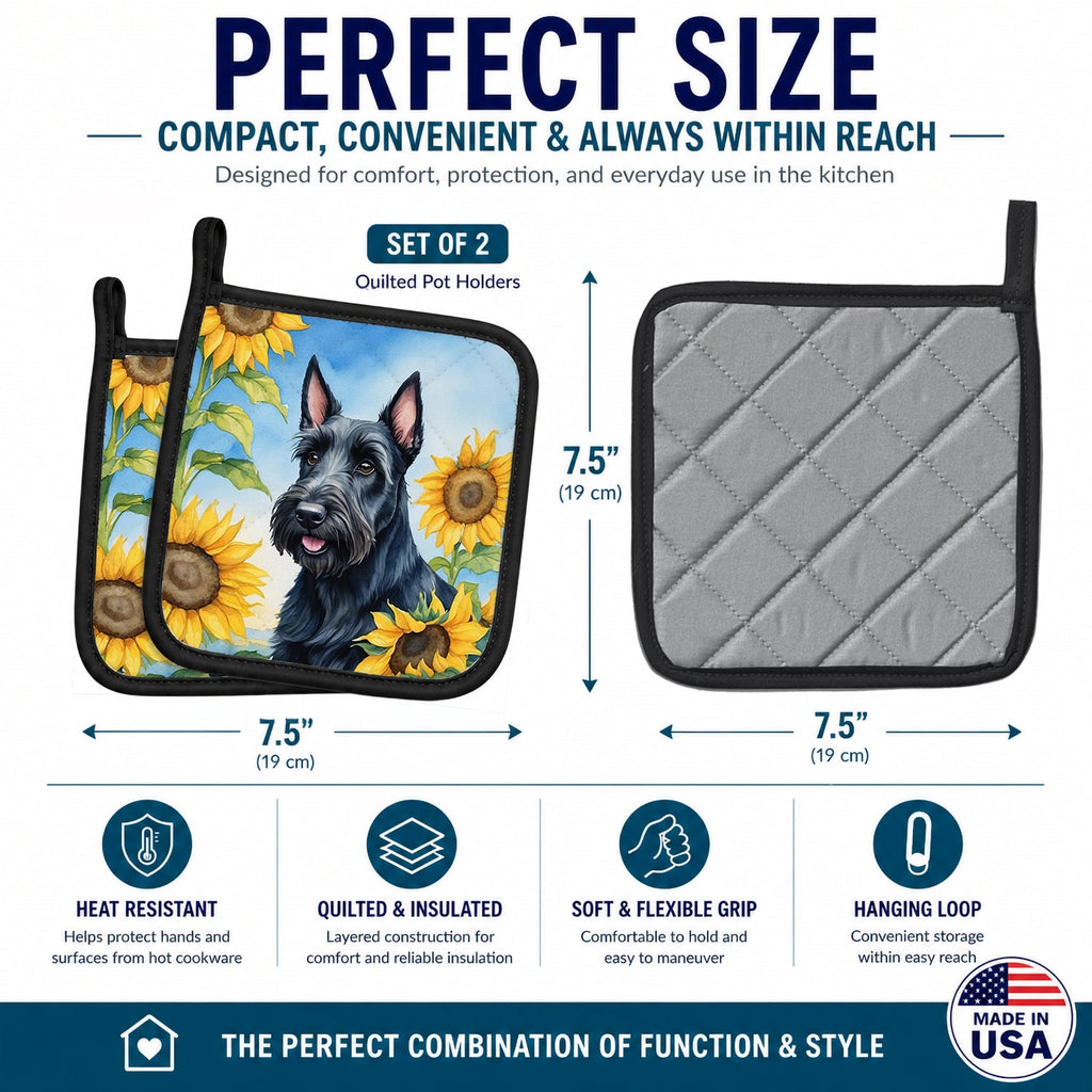 Scottish Terrier in Sunflowers Pot Holder Set of 2 Heat Resistant Quilted Hot Pads 7.5 x 7.5 Inch, Insulated Kitchen Trivets for Cooking & Baking