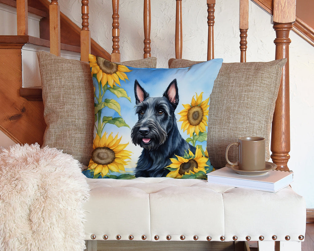 Scottish Terrier in Sunflowers Decorative Throw Pillow 14x14 Indoor Outdoor Accent Cushion, Fabric Cover with Insert for Sofa, Bed, Porch & Living Room
