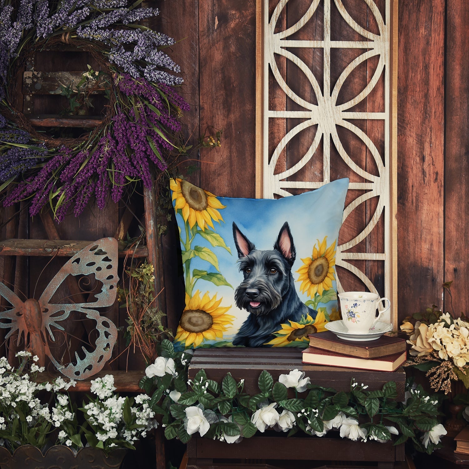 Scottish Terrier in Sunflowers Decorative Throw Pillow 14x14 Indoor Outdoor Accent Cushion, Fabric Cover with Insert for Sofa, Bed, Porch & Living Room