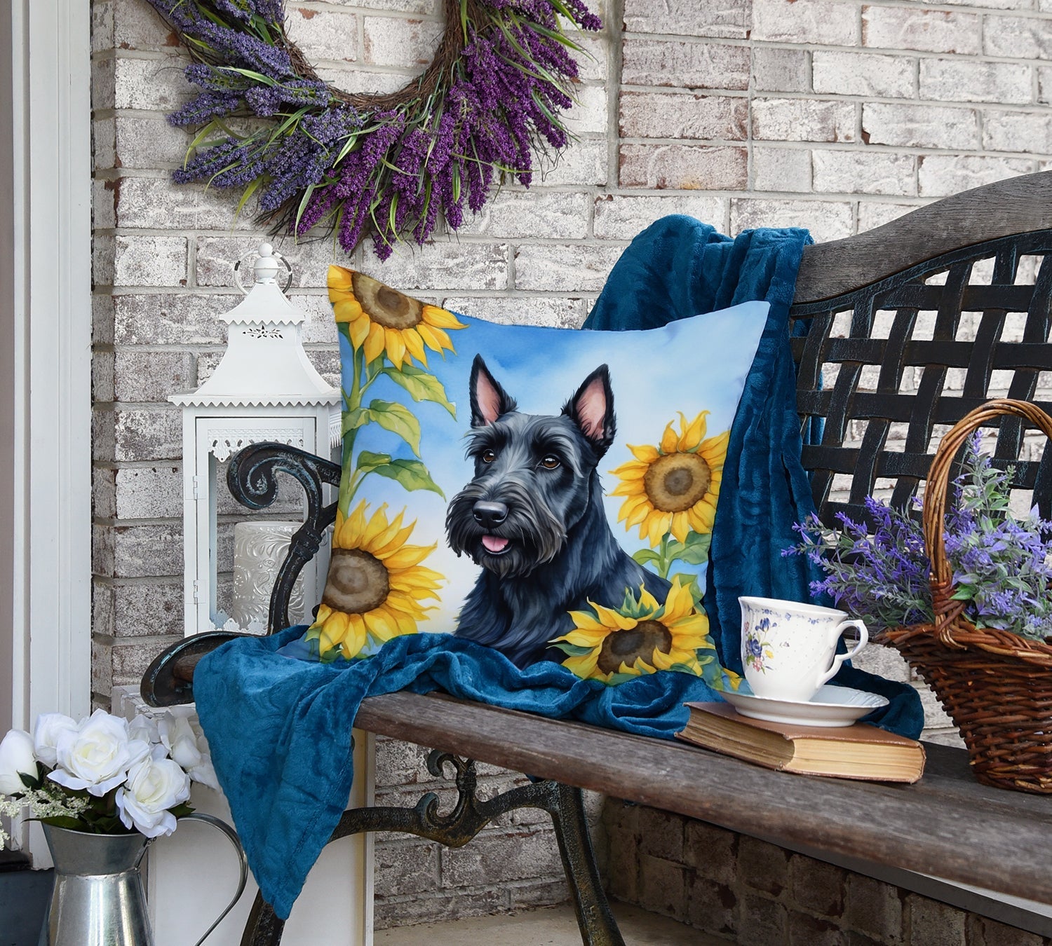Scottish Terrier in Sunflowers Decorative Throw Pillow 18x18 Indoor Outdoor Accent Cushion, Fabric Cover with Insert for Sofa, Bed, Porch & Living Room
