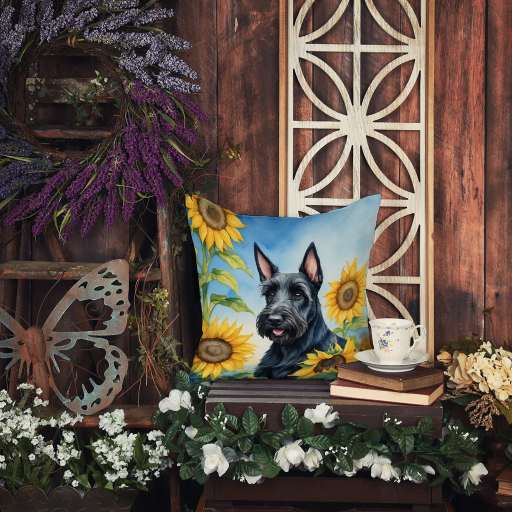 Scottish Terrier in Sunflowers Decorative Throw Pillow 18x18 Indoor Outdoor Accent Cushion, Fabric Cover with Insert for Sofa, Bed, Porch & Living Room