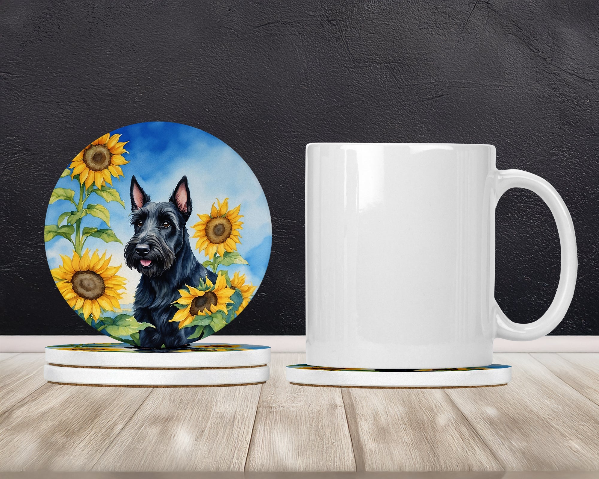 Scottish Terrier in Sunflowers Large Sandstone Coasters Pack of 4 Absorbent Round Coasters Decor Gifts for Men or Women, 4 in, Multicolor