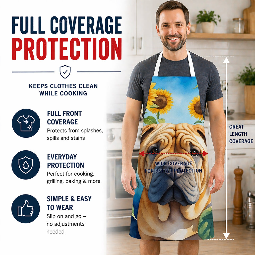 Shar Pei in Sunflowers Apron Cooking Kitchen Server Baking Crafts Gardening for Adult Women Men, Unisex, Large, Multicolor