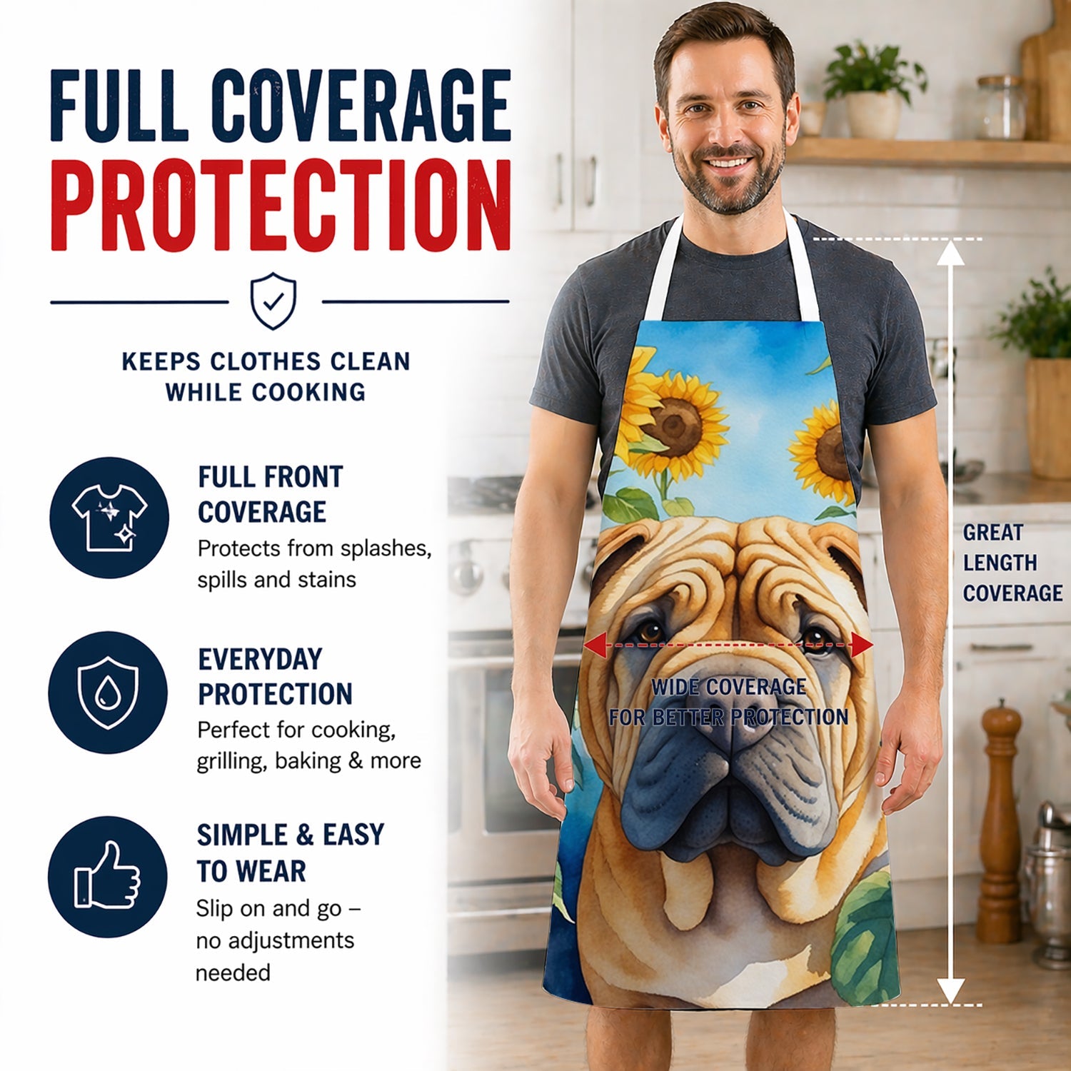 Shar Pei in Sunflowers Apron Cooking Kitchen Server Baking Crafts Gardening for Adult Women Men, Unisex, Large, Multicolor