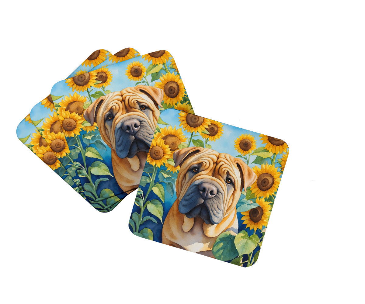 Shar Pei in Sunflowers Foam Coasters Set of 4 Cup Coasters for Indoor Outdoor, Tabletop Protection, Anti Slip, Mouse pad Material